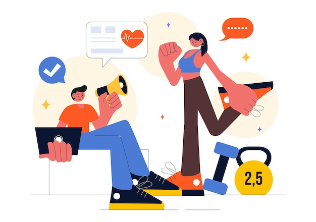 Wellness Coaching Vector Illustration Featuring a Sports Lesson or Fitness Course Working Out with a Personal Coach and Receiving Tailored Guidance