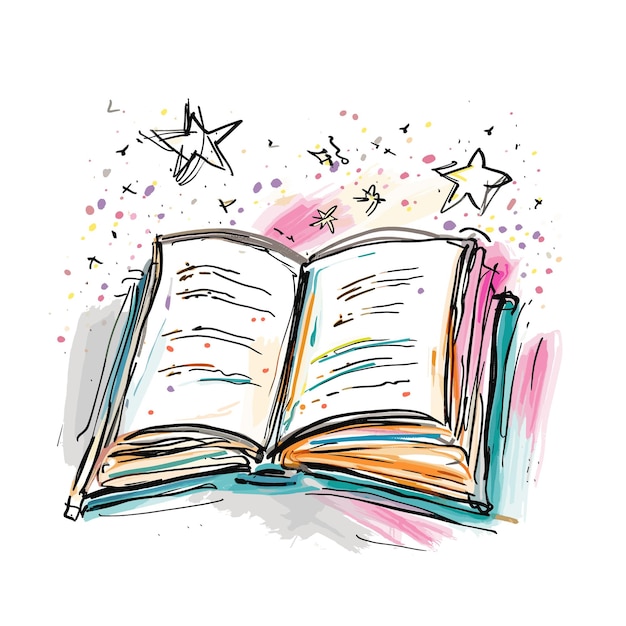 whimsical doodle of open diary with minimal bright colors on white