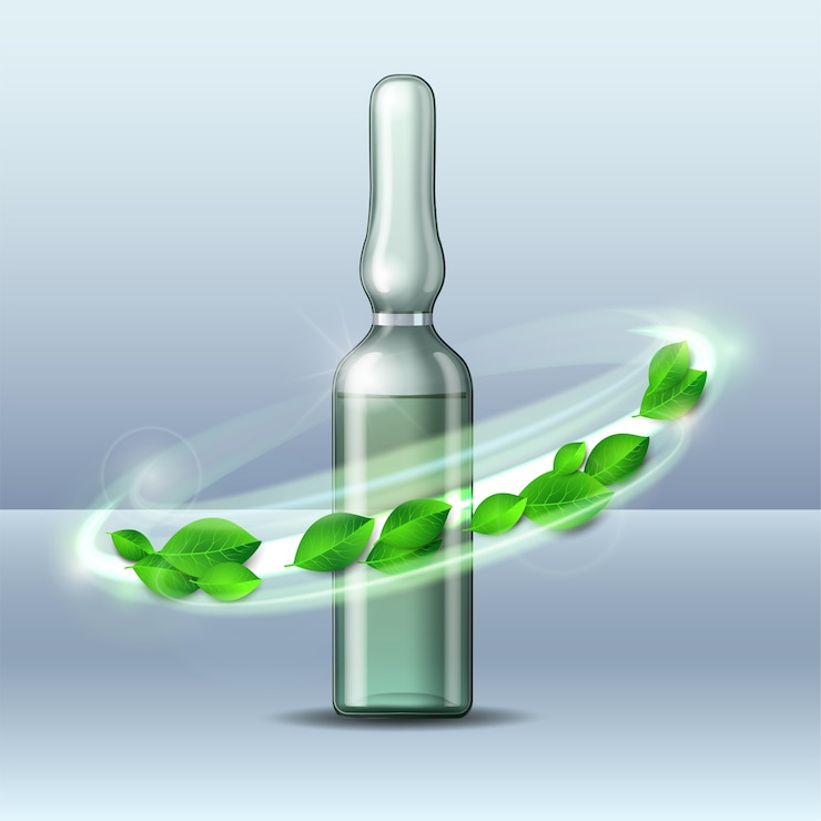 Vektör whirlwind of green leaves swirls around transparent glass ampule with vaccine or drug for medical treatment.