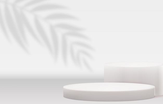 White 3d pedestal background with realistic palm leaves shadow