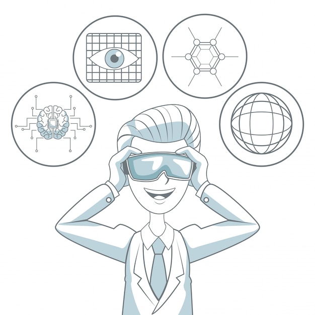White background with silhouette color sections shading of man with virtual reality glasses and icon elements futuristic