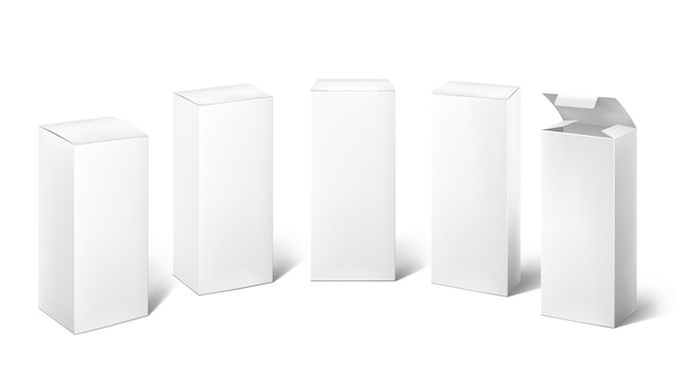 White box 3D blank realistic cosmetic pack template Long rectangular and square medical products packaging Cardboard containers advertising mockup for branding Vector packages set