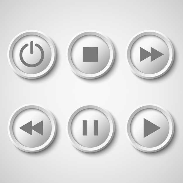 White buttons for player: stop, play, pause, rewind, fast forward, power.  
