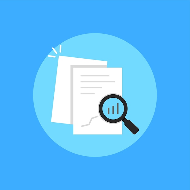 white document auditing like assessment concept of fax seo scrutiny annual evaluation forecast page solution chart analytics flat style trend modern logotype graphic design on blue background
