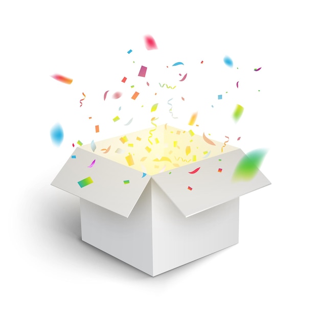 White gift box confetti explosion. Magic open surprise gift box package decoration.
