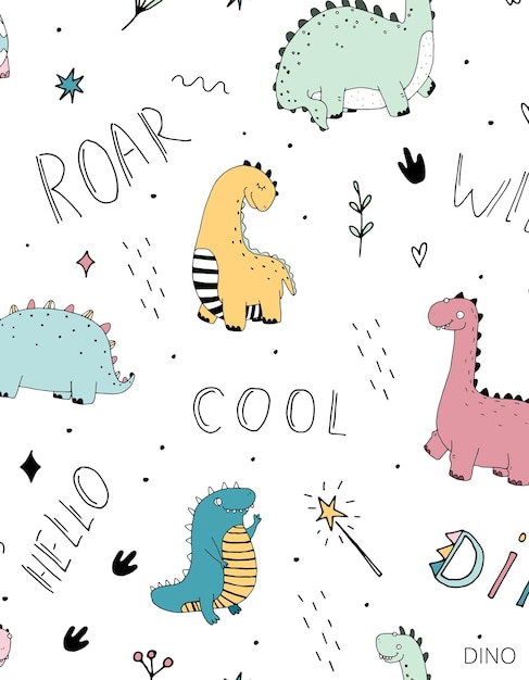 White Illustrated Dino Tshirt Pattern 1