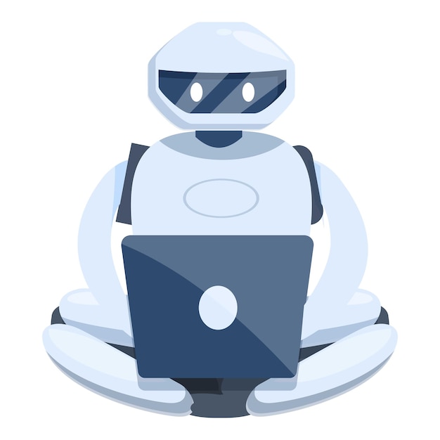 White robot is sitting cross legged using a laptop