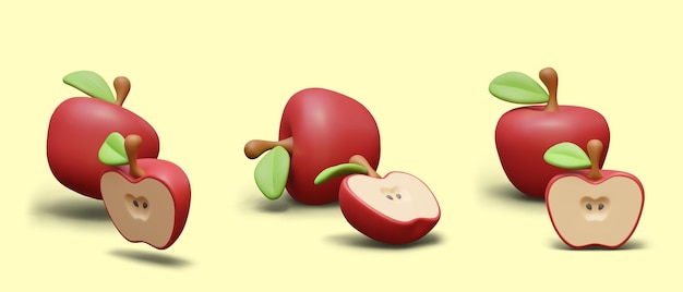 whole red apple and half ripe juicy fruit set of 3d images in cartoon style