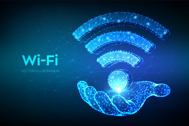 Wi-Fi network icon. Low poly abstract Wi Fi sign in hand.