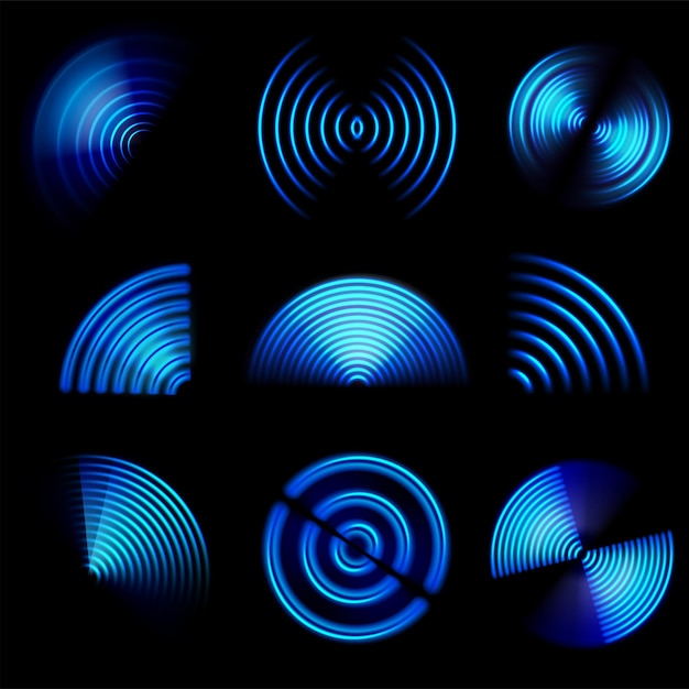 Wifi light effect Internet router wifi blue neon radial waves Sound scan glowing signal Cellphone hotspot wireless technology vector set