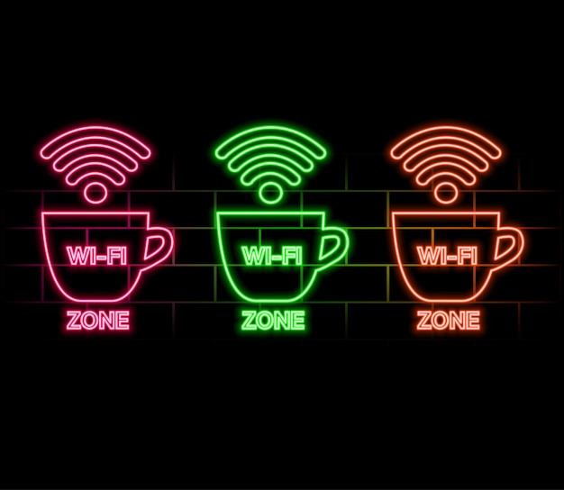 Wifi neon icon Blue neon sign on dark brick wall Best for polygraphy mobile apps and web design