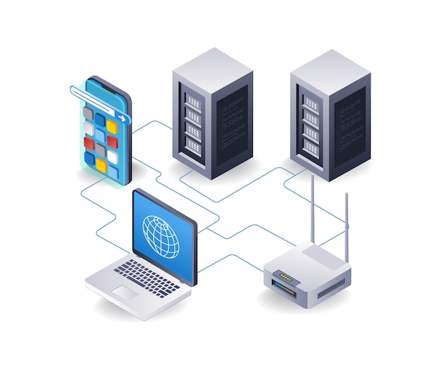 wifi network tethering router internet computer data server concept flat isometric 3d illustration
