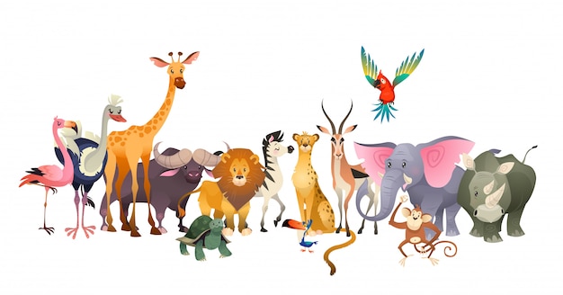 wild animals. safari wildlife africa happy animal lion zebra elephant rhino parrot giraffe ostrich flamingo cute jungle