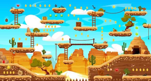 Wild west western arcade game level map with platforms canyons and mountains Mobile game layer computer videogame or mobile gaming app vector background Retro arcade screen with desert ground