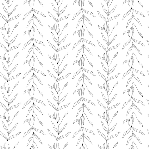 Wildflowers vertical seamless pattern with outline leaves on white background