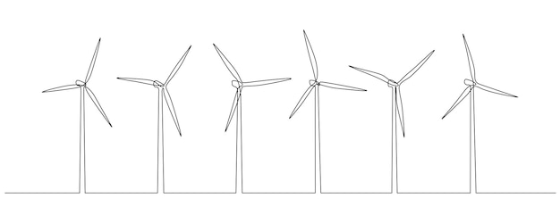 Wind farm turbines and windmill in one continuous line drawing Green energy and renewable source of power concept in simple linear style Editable stroke Doodle vector illustration