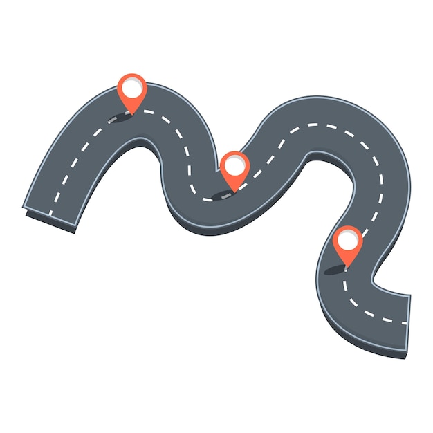 Winding road with location markers showing route