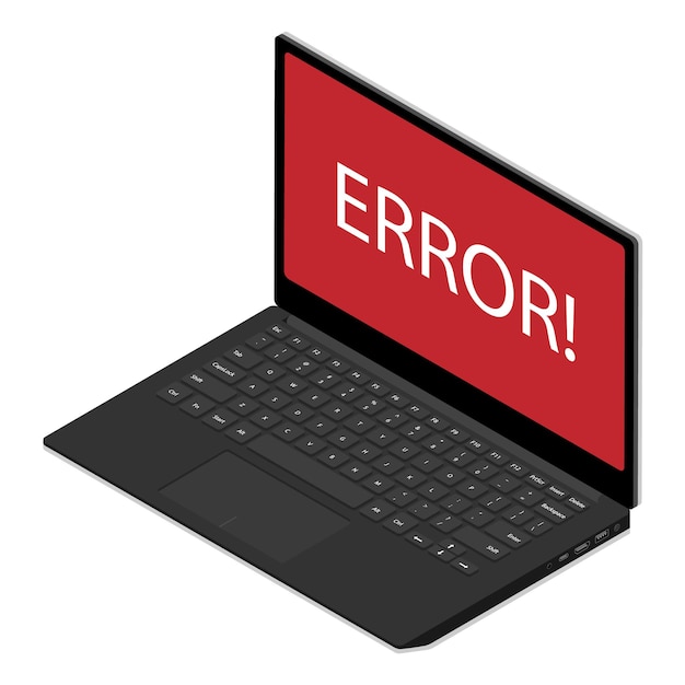 Window operating system error warning on laptop screen. Isometric view. Vector