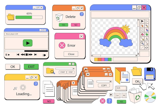 windows browser objects mega set in graphic flat design bundle elements of 80s 90s retro style of computer windows of loading files player and other templates vector illustration isolated stickers