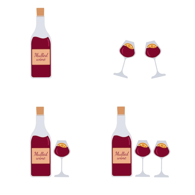 Wine bottles with glasses A bottle of mulled wine or red wine with orange slices Set Vector