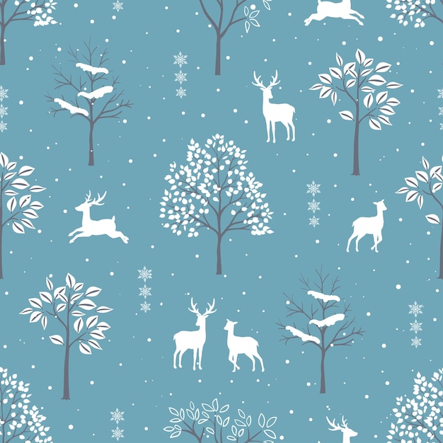Winter holiday seamless pattern with deers family in the forest for Christmas or new year decorative