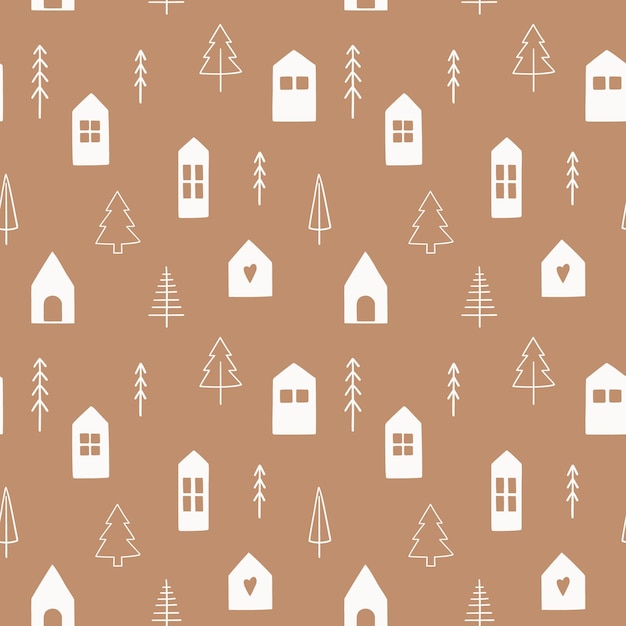 Winter seamless pattern with cute Christmas trees and houses. Xmas hygge background. Vector template for seasonal winter holidays.