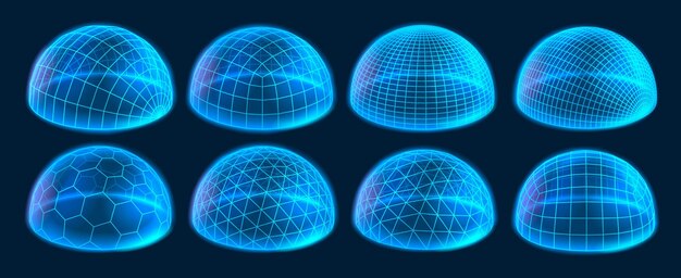 Wireframe dome shields Secure protection field digital holographic domes and glowing 3D hemisphere grids Bubble cover and futuristic safety barrier with glow effect vector set