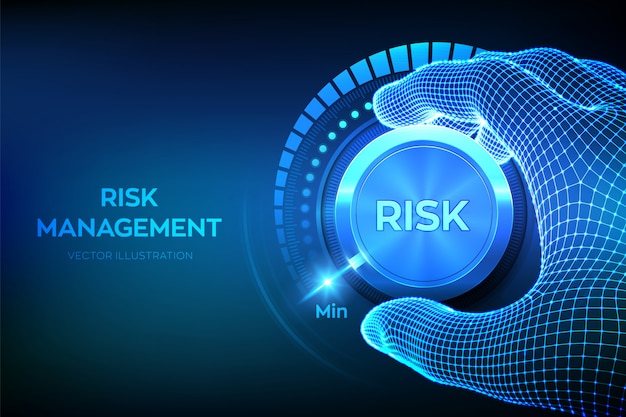 wireframe hand turning a risk level knob button to the minimum position background
