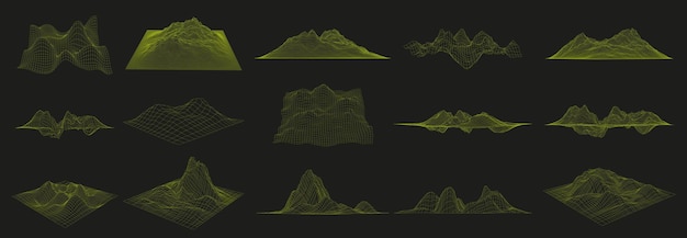 Wireframe landscapes Futuristic 3D graph grid cyber mesh mountains and distorted surface coordinates vector set with editable stroke paths Digital curved are with connected lines