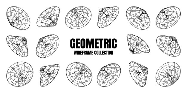 Wireframe lined shapes perspective mesh d grid low poly geometric elements retro futuristic design
