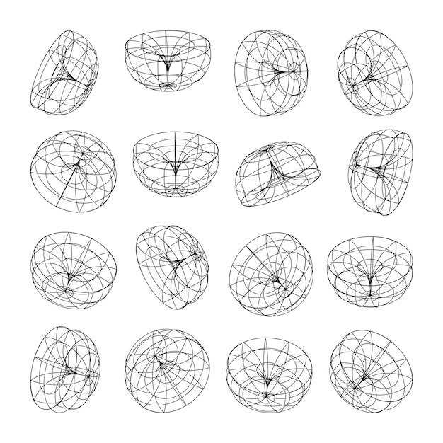 Wireframe lined shapes perspective mesh d grid low poly geometric elements retro futuristic design
