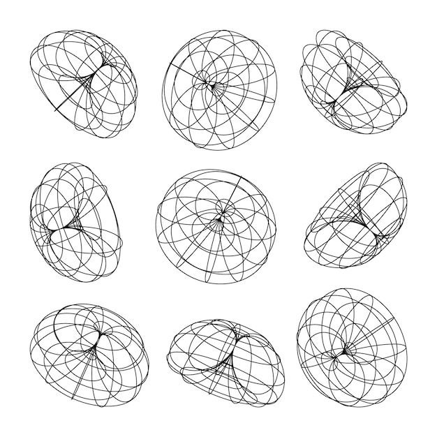Wireframe lined shapes perspective mesh d grid low poly geometric elements retro futuristic design