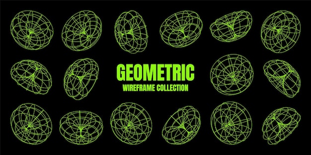 Wireframe lined shapes perspective mesh d grid low poly geometric elements retro futuristic design