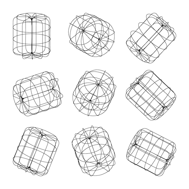 Wireframe lined shapes perspective mesh d grid low poly geometric elements retro futuristic design