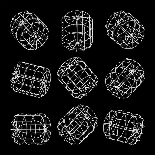 Wireframe lined shapes perspective mesh d grid low poly geometric elements retro futuristic design