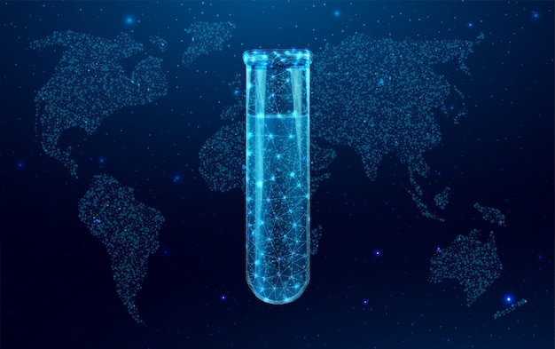 Wireframe polygonal test tube with globe map Glowing blue lowpoly wireframe glass flask