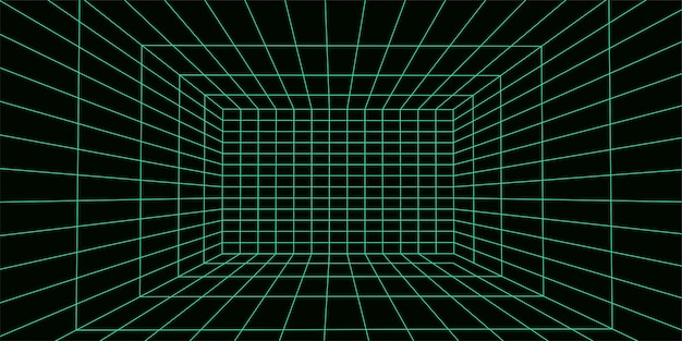 Wireframe room on the black background Vector perspective grid Box with digital space
