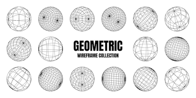 Wireframe shapes lined sphere perspective mesh d grid low poly geometric elements retro futuristic