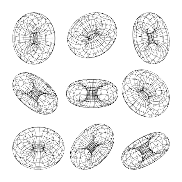Wireframe shapes lined torus perspective mesh d grid low poly geometric elements retro futuristic