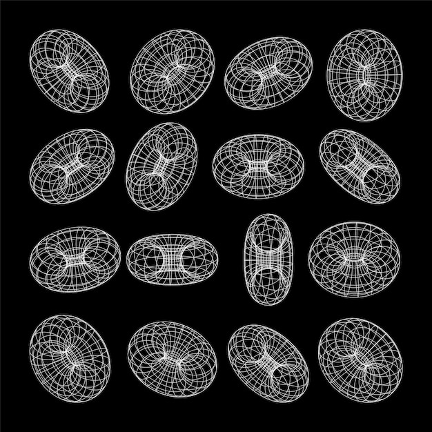 Wireframe shapes lined torus perspective mesh d grid low poly geometric elements retro futuristic