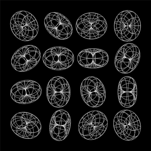 Wireframe shapes lined torus perspective mesh d grid low poly geometric elements retro futuristic