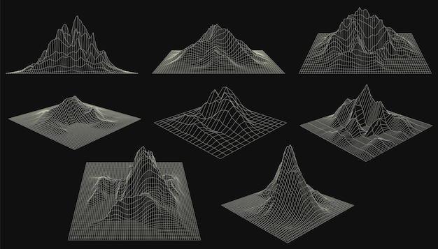 Wireframe soundwave geometric polygonal abstract grid topography graphic collection set