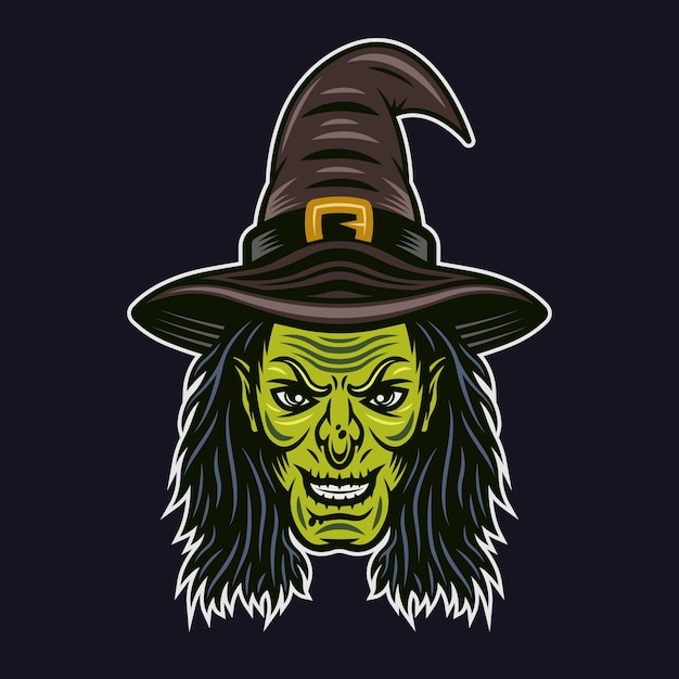 Witch head in hat character colorful vector illustration in cartoon style isolated on dark background