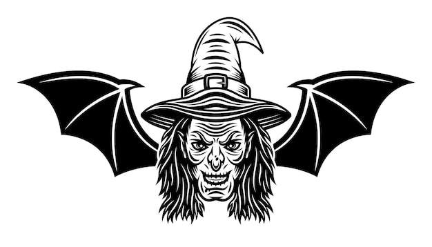 Witch head with bat wings vector illustration in monochrome tattoo style isolated on white background