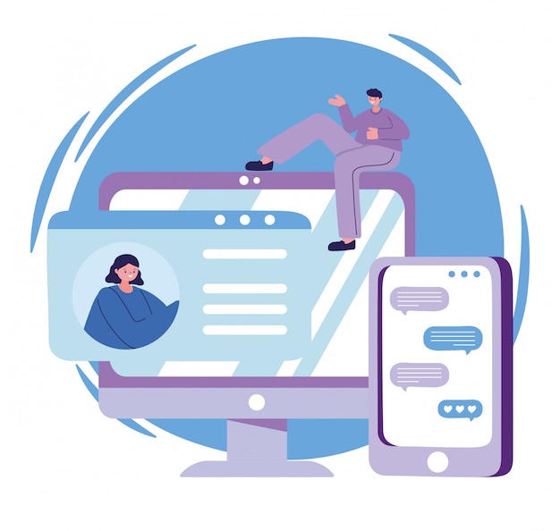 Woman and man with computer and smartphone chatting   design