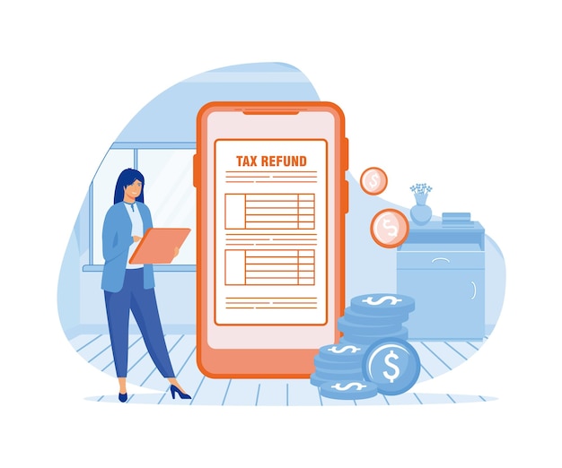 Woman checking tax payment Tax return documents flat vector modern illustration