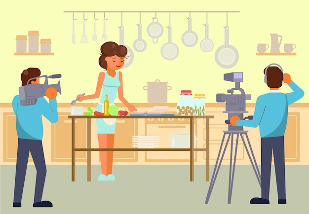 Woman cooking and film crew male characters recording video vector flat style design illustration Culinary tv show cooking master class concept for web banner website page etc