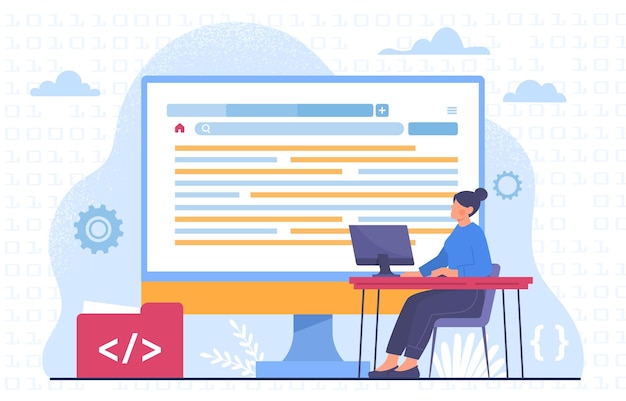 Woman developer with code concept programmer and it specialist develops mobile application and