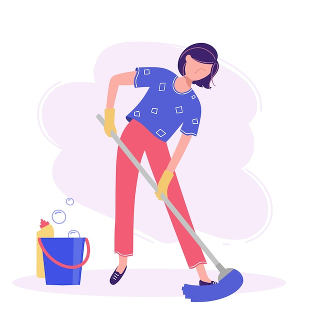 Woman does cleaning by mopping the floor with a broom.