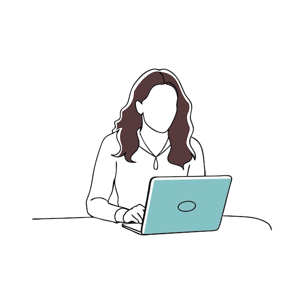 Woman focused on her laptop continuous black line art isolated flat vector illustration on white background